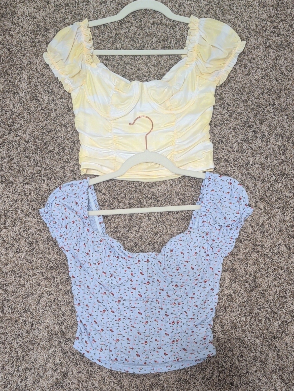 Tic Toc baby blue and yellow floral print bustier short cinched sleeve crop tops